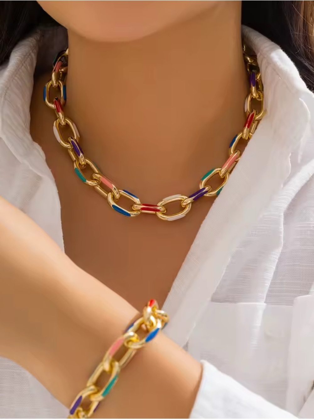 Gold Multi-Color Link Necklace and Bracelet Set B08-01